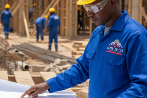 Construction worker reviewing building plans